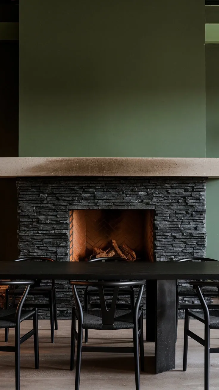 This modern fireplace dining room boasts a striking black stack stone fireplace, its unique concrete mantle a perfect complement to the dark color scheme. The green wall behind the fireplace adds a touch of nature to this sophisticated space, offering inspiration for living room fireplace ideas. The cottage electric fireplace feel is subtly present, making it a cozy and inviting focal point.