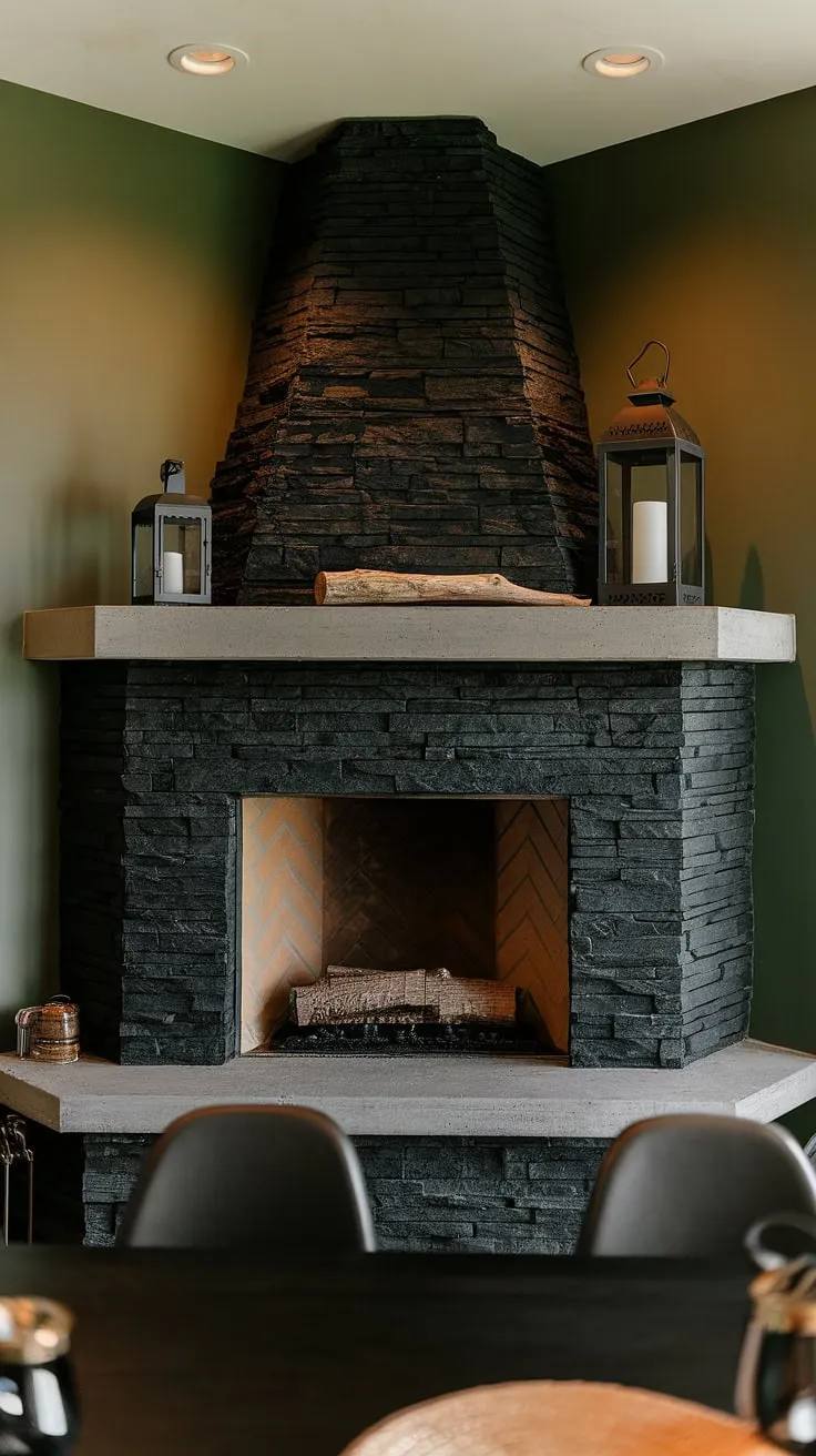 Warmth and style converge in this fireplace dining room. The black stack stone fireplace, with its unique mantle decor and concrete mantle, anchors the space, offering modern fireplace decor against a striking green wall. Living room fireplace ideas meet dining room elegance.