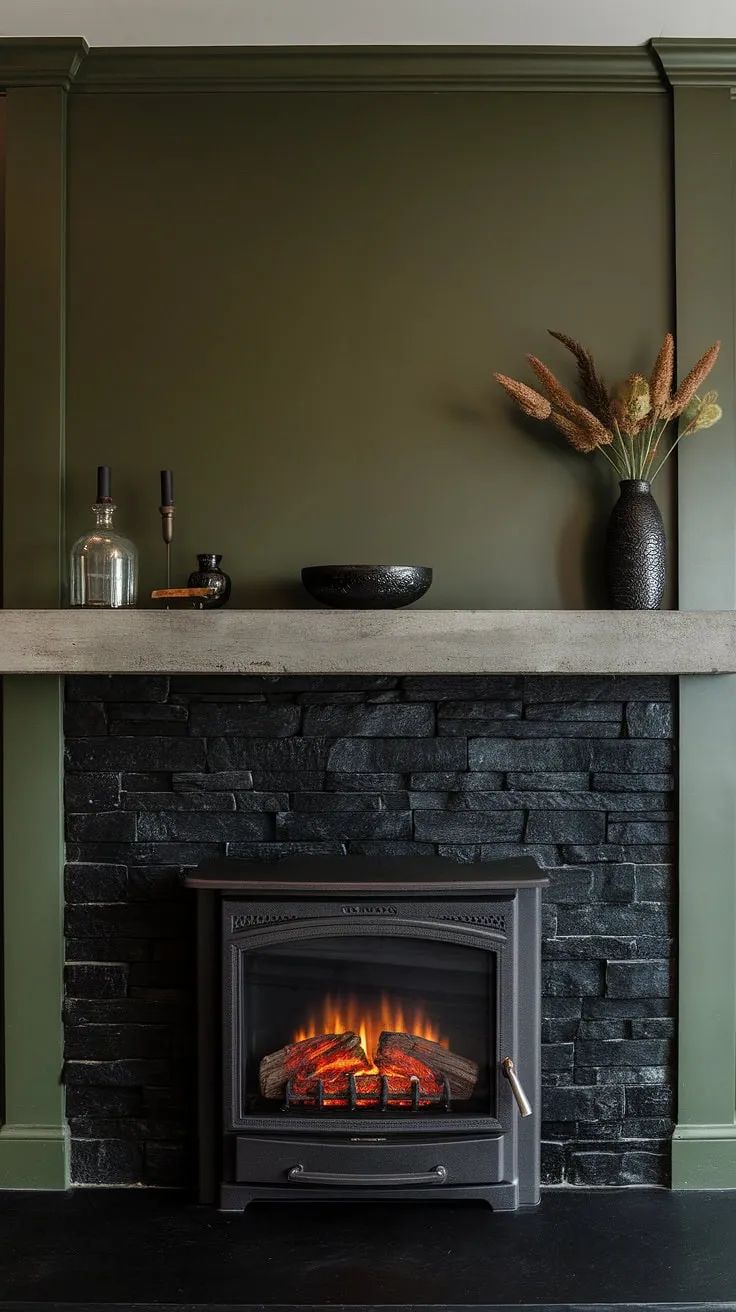 This living room fireplace ideas showcase a stunning contrast: a dark color fireplace, specifically a black stack stone fireplace with a concrete mantle fireplace, set against a vibrant green wall fireplace. The unique mantle decor complements the modern fireplace decor, while the cottage electric fireplace adds a touch of rustic charm to this sophisticated space. The black brick fireplace effect of the stack stone creates a dramatic focal point in this otherwise dark color scheme.