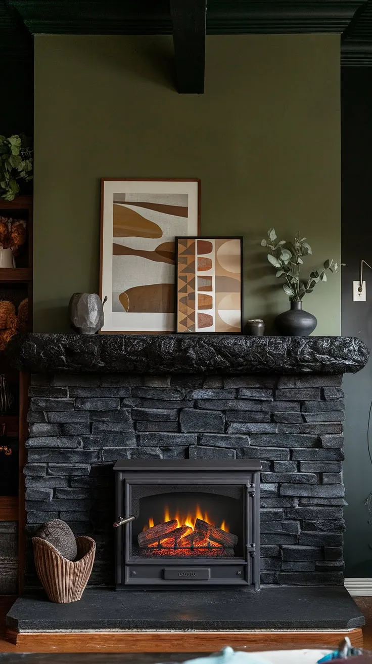Modern fireplace decor meets rustic charm in this dark color fireplace dining room. The black stack stone fireplace, featuring a unique mantle decor against a green wall, anchors the space, offering both warmth and style. Living room fireplace ideas get a sophisticated upgrade with this cottage electric fireplace and concrete mantle fireplace.
