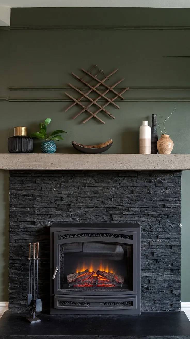 Modern fireplace decor meets rustic charm in this fireplace dining room. The black stack stone fireplace, with its concrete mantle and unique mantle decor, anchors the space, while the green wall and cottage electric fireplace add a touch of unexpected elegance. Living room fireplace ideas don't get much more captivating than this dark color fireplace.