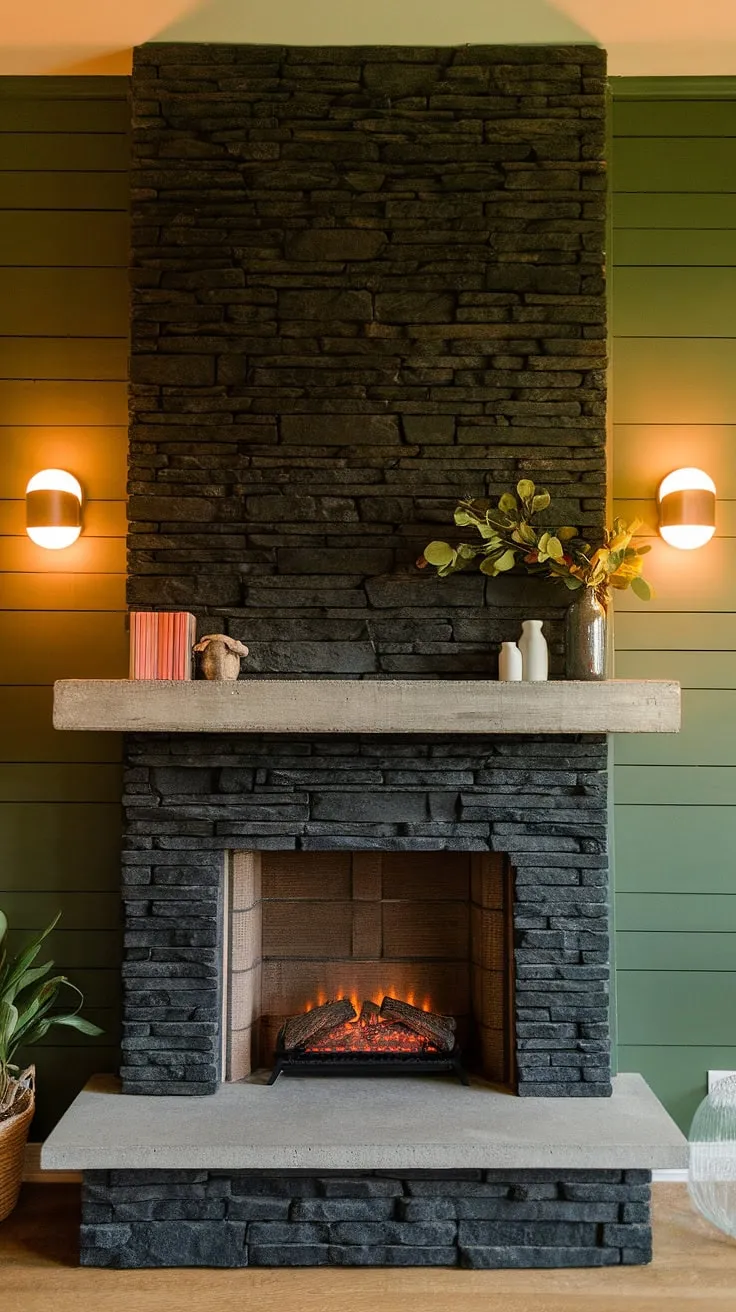 A black brick fireplace, or rather, a black stack stone fireplace, makes a dramatic statement in this modern dining room. Living room fireplace ideas meet dining room elegance with this dark color fireplace and its unexpected concrete mantle fireplace. The green wall fireplace adds a touch of unexpected charm.