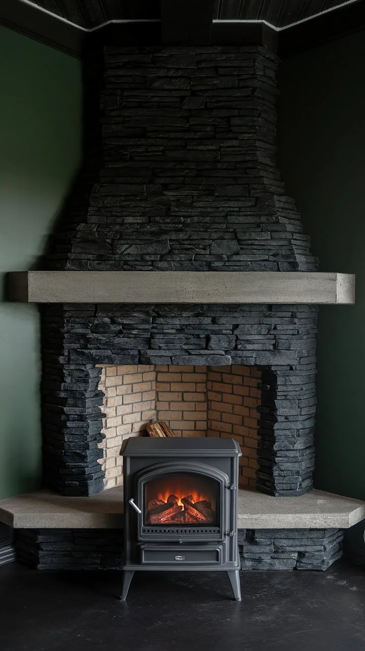 This fireplace dining room boasts a dramatic black brick fireplace—a black stack stone masterpiece with a concrete mantle fireplace. The modern fireplace decor, set against a green wall, and complemented by a cottage electric fireplace, creates a uniquely cozy atmosphere.