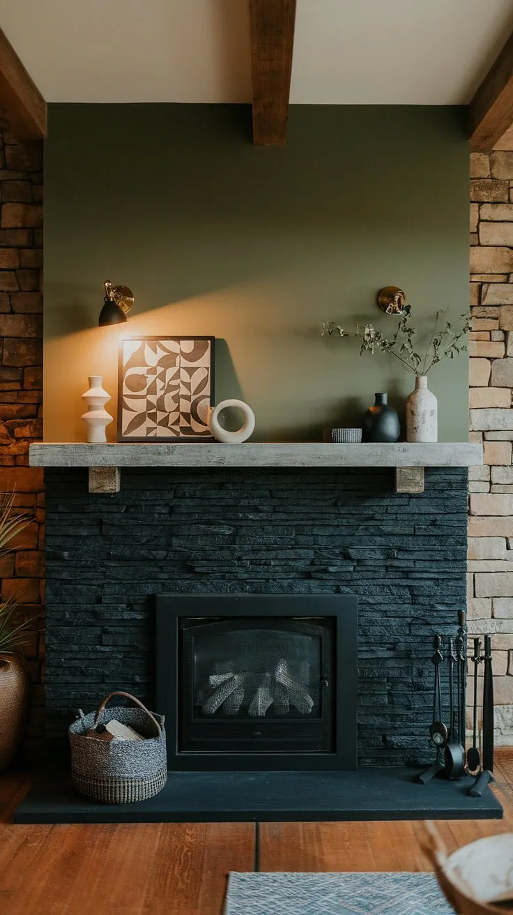 Warm lighting illuminates this cottage-style dining room, featuring a striking modern fireplace decor. The black stack stone fireplace, with its dark color and unique mantle decor, creates a focal point against the green wall. The concrete mantle fireplace offers a unique touch, while the black brick fireplace effect adds a touch of rustic charm. This living room fireplace ideas showcases a perfect blend of modern and cottage aesthetics. This cottage electric fireplace is the perfect cozy addition to any home.