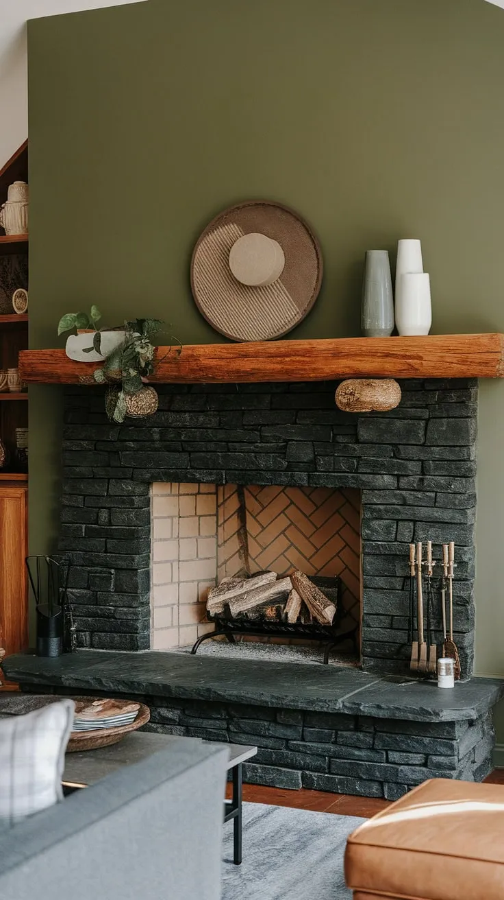 Cozy cottage vibes meet modern design in this fireplace dining room. The black stack stone fireplace, with its unique mantle decor, is a stunning focal point against the green wall, offering the perfect blend of living room fireplace ideas and dark color fireplace charm. A concrete mantle fireplace elevates the space.