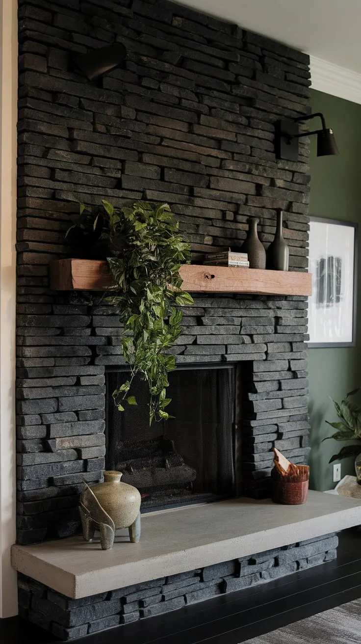 Modern fireplace decor meets cottage charm in this dark color fireplace dining room. The black stack stone fireplace, with its unique mantle decor and green wall backdrop, offers cozy living room fireplace ideas. A concrete mantle fireplace completes the look.