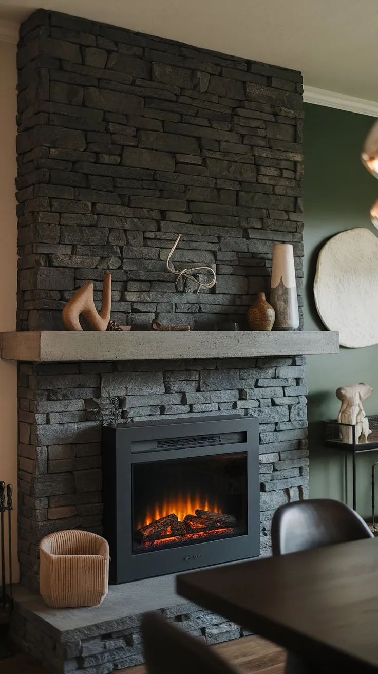 Cozy nights and stylish gatherings in this fireplace dining room. The black stack stone fireplace, with its unique mantle decor and green wall backdrop, sets the perfect mood. A modern fireplace decor statement, this cottage electric fireplace offers warmth and ambiance.