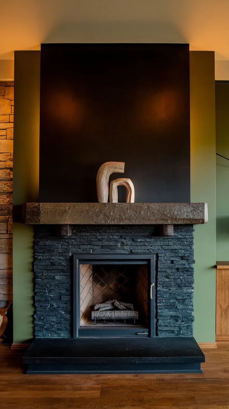 This dark color fireplace, a black brick fireplace masterpiece, anchors this dining room's cozy ambiance. Living room fireplace ideas meet dining room charm with this cottage electric fireplace's unique modern fireplace decor and concrete mantle fireplace.
