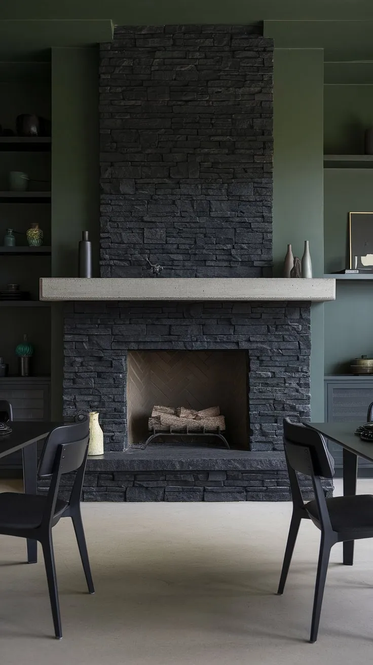 This fireplace dining room boasts a show-stopping black stack stone fireplace with a concrete mantle fireplace. The dark color fireplace is beautifully offset by the green wall fireplace, creating a modern fireplace decor statement. Two dark chairs flank this unique mantle decor, completing the sophisticated ambiance. Consider this design for your own living room fireplace ideas; it's a perfect example of how a cottage electric fireplace can elevate a space. The light gray concrete floor provides a chic contrast to the black brick fireplace.