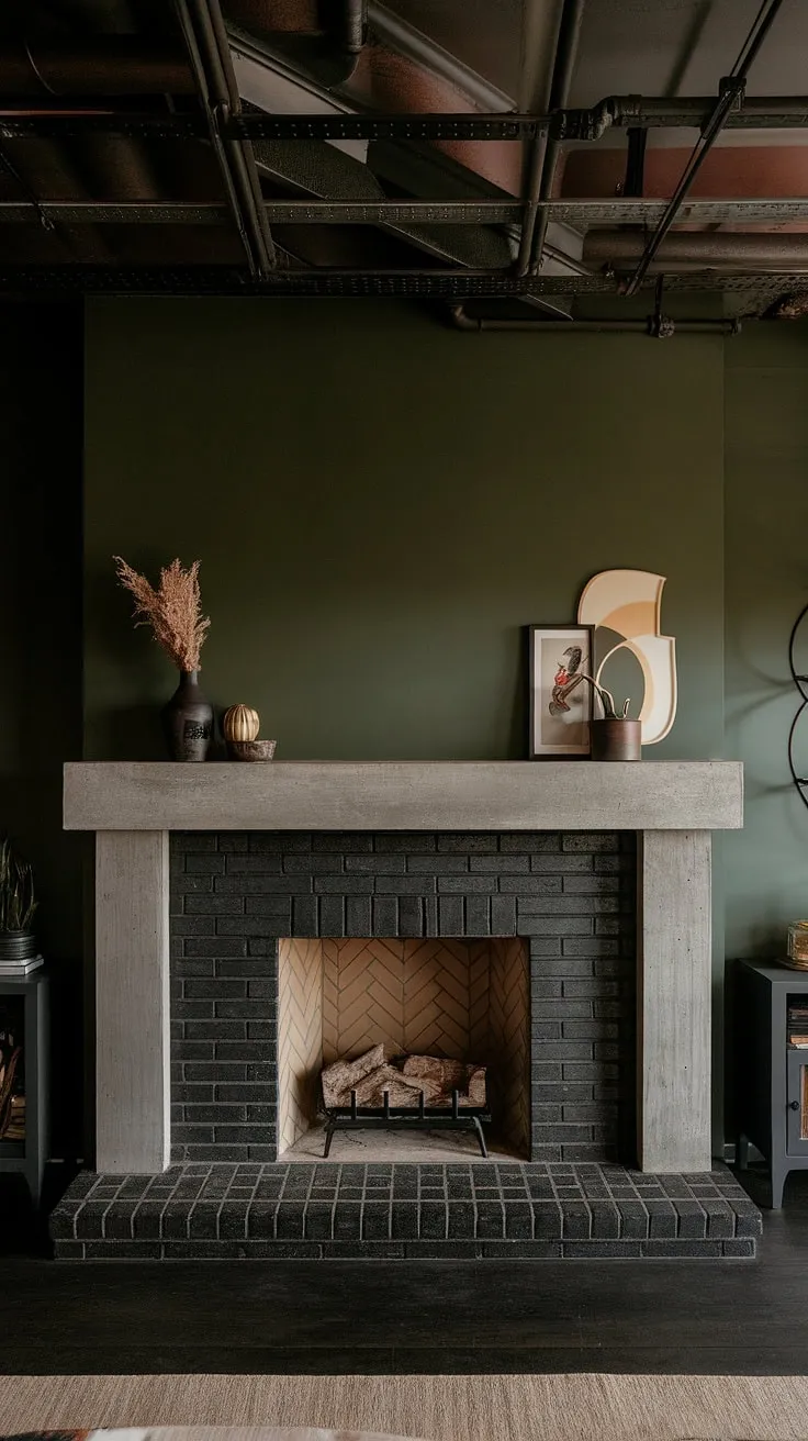A concrete mantle fireplace, showcasing modern fireplace decor, is the stunning centerpiece of this dark and dramatic dining room. The black stack stone fireplace and green wall create a captivating backdrop, offering inspiration for your own living room fireplace ideas, even with a cottage electric fireplace.