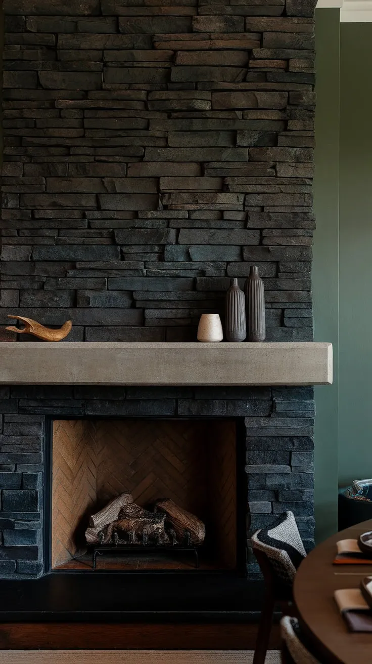 A dark color fireplace, this black brick fireplace, is the centerpiece of this stylish dining room. The black stack stone fireplace features a unique mantle decor, showcasing a concrete mantle and minimalist styling. The green wall fireplace provides a refreshing contrast to the otherwise dark color scheme, while the overall design offers compelling living room fireplace ideas. This modern fireplace decor, easily adaptable as a cottage electric fireplace, is a testament to the power of texture and thoughtful design in creating a sophisticated and inviting space.