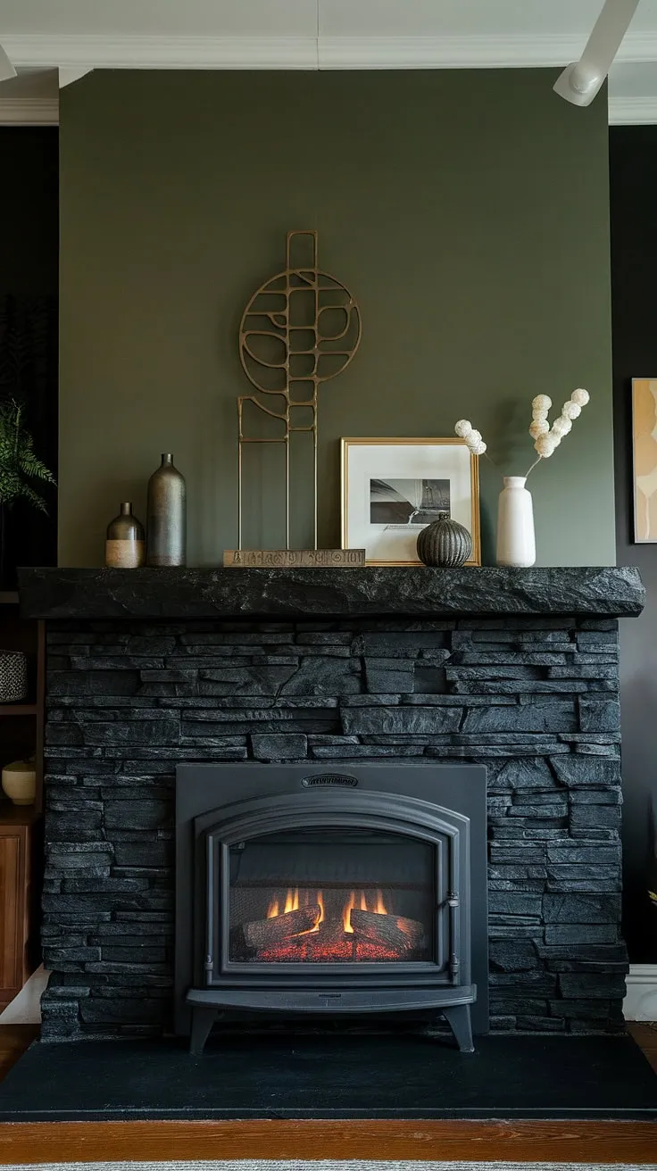 Modern fireplace decor meets rustic charm in this dark color fireplace dining room. The black stack stone fireplace, featuring a unique mantle decor against a green wall, anchors the space, offering cozy living room fireplace ideas with its cottage electric fireplace and concrete mantle fireplace.