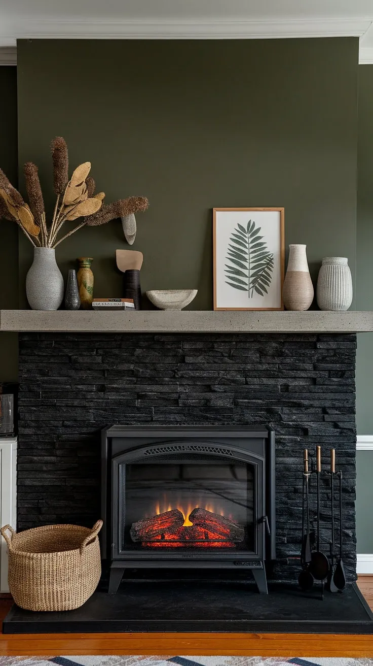 This modern dining room features a striking black stack stone fireplace, its dark color providing a dramatic contrast to the fresh green wall. The concrete mantle fireplace is adorned with unique mantle decor, offering inspiration for living room fireplace ideas. The cottage electric fireplace adds a touch of cozy charm.