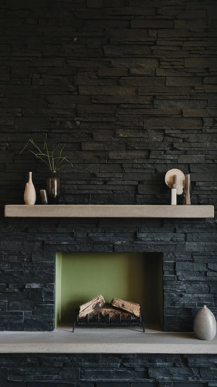 A black brick fireplace, or rather, a stunning black stack stone fireplace, takes center stage in this dramatic dining room. The concrete mantle fireplace showcases unique mantle decor against a moody green wall, proving that a dark color fireplace can be the heart of a stylish home. Cottage electric fireplace vibes meet modern design.