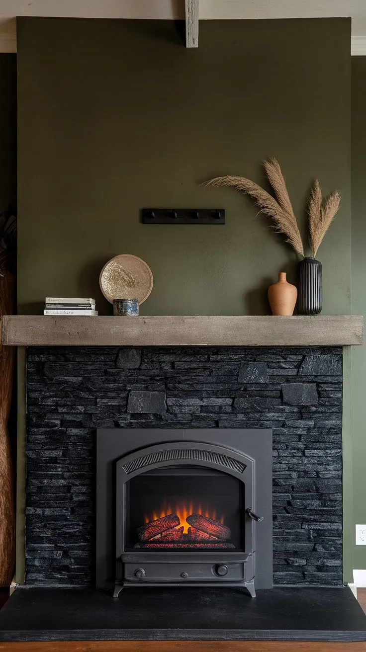 Rustic charm meets modern design in this fireplace dining room. The black stack stone fireplace, with its concrete mantle and unique mantle decor, is a stunning focal point against the green wall. Living room fireplace ideas get a cozy cottage update with this electric fireplace.