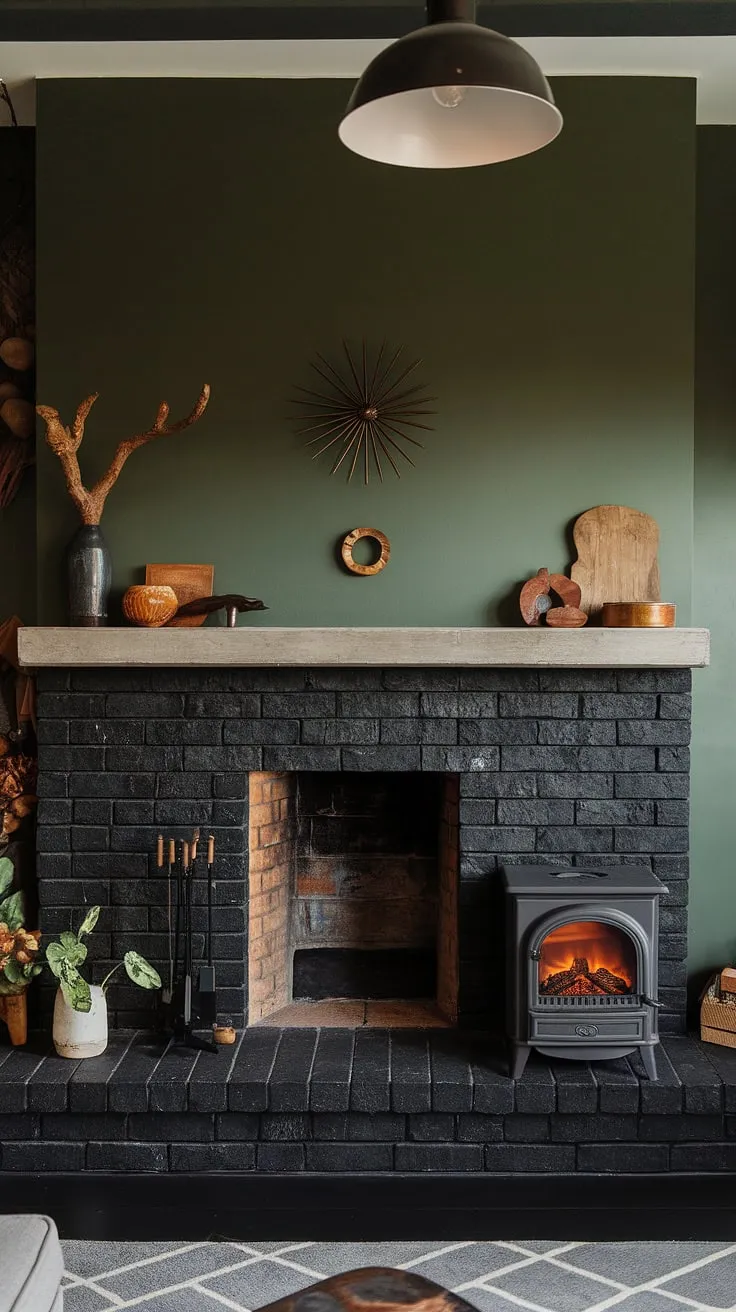 This fireplace dining room showcases a stunning black brick fireplace, a black stack stone fireplace, and a charming cottage electric fireplace. The green wall fireplace provides a vibrant backdrop to the modern fireplace decor, while the concrete mantle fireplace offers a unique touch. Explore these living room fireplace ideas for your own space.