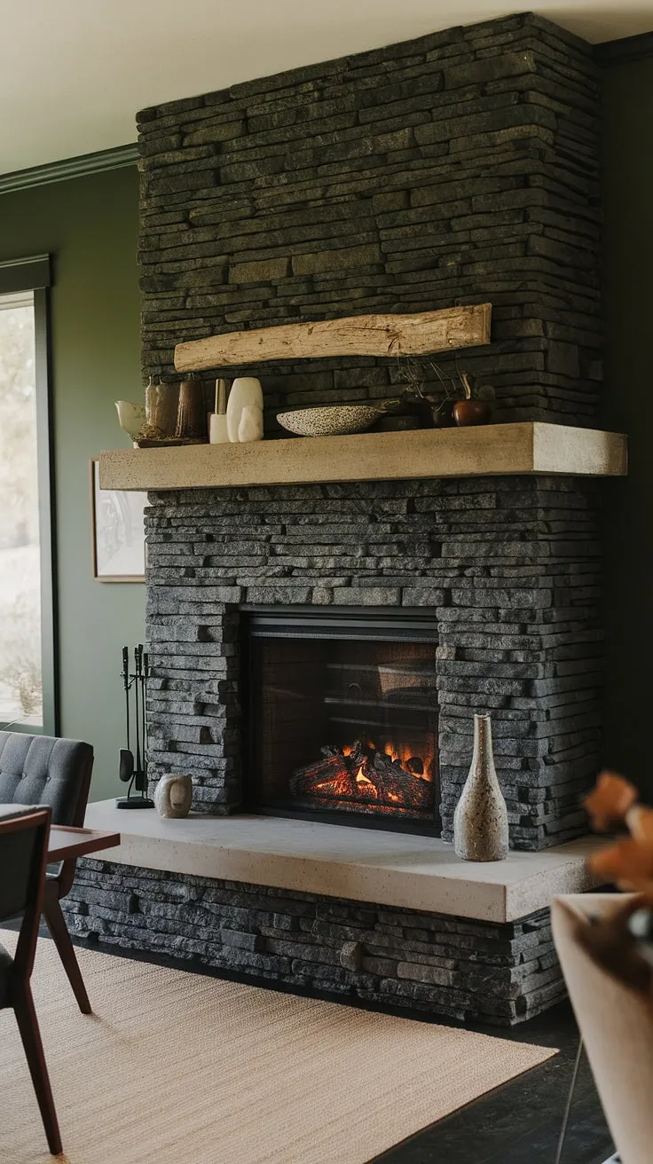 A sophisticated fireplace dining room design featuring a striking black stack stone fireplace, or black brick fireplace, with a concrete mantle fireplace. The green wall fireplace provides a vibrant backdrop to the modern fireplace decor, complemented by unique mantle decor including a rustic wooden beam. The dark color fireplace adds depth, while the cottage electric fireplace offers a cozy touch. This living room fireplace ideas showcases a perfect blend of modern and rustic elements, all anchored by a beige rug.