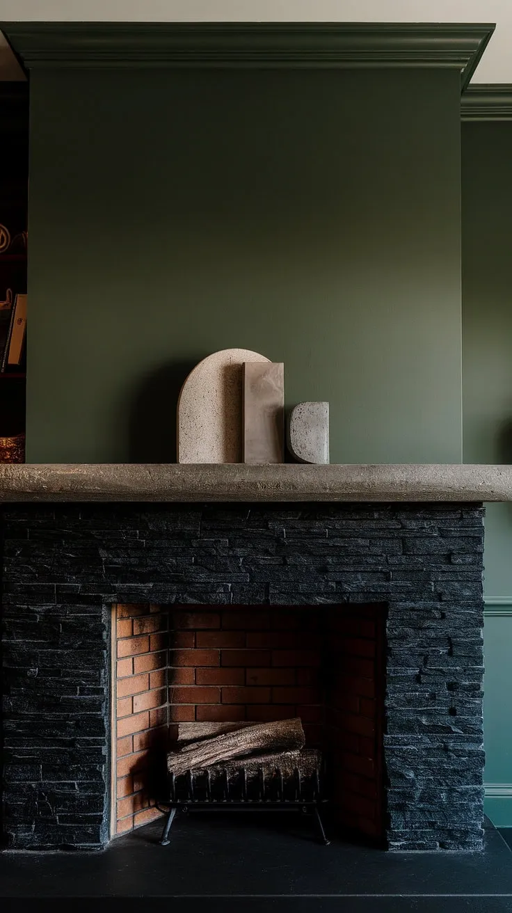 Cozy nights by the black stack stone fireplace in this modern dining room. The unique concrete mantle and green wall create a dramatic yet inviting atmosphere, perfect for showcasing your living room fireplace ideas.