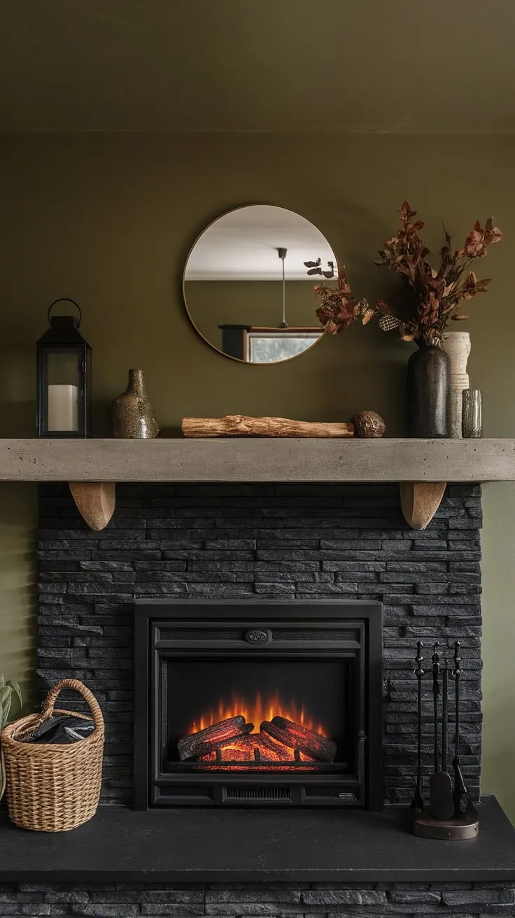 Warmth and style meet in this fireplace dining room, featuring a striking black stack stone fireplace with unique mantle decor. Living room fireplace ideas come alive with this modern fireplace decor and green wall fireplace backdrop.