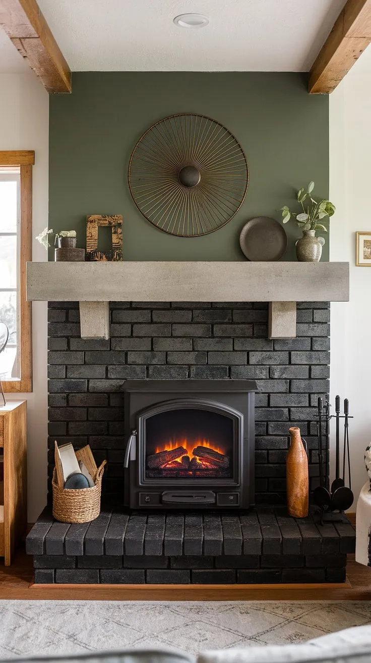 This fireplace dining room showcases a striking black brick fireplace and black stack stone fireplace, anchored by a concrete mantle fireplace. The green wall fireplace and unique mantle decor add a touch of modern flair to this living room fireplace ideas masterpiece. A cottage electric fireplace provides warmth and charm, making it the perfect blend of rustic and contemporary.