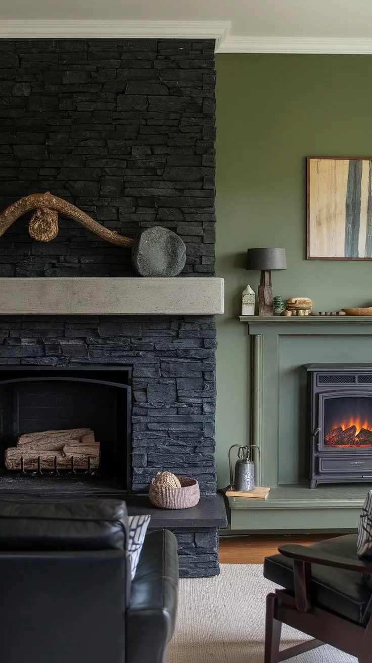 Cozy cottage vibes meet modern design in this fireplace dining room. The black stack stone fireplace, with its unique mantle decor and concrete mantle, anchors the space, while the green wall and dark color furniture create a sophisticated atmosphere. Living room fireplace ideas don't get much more stylish than this.