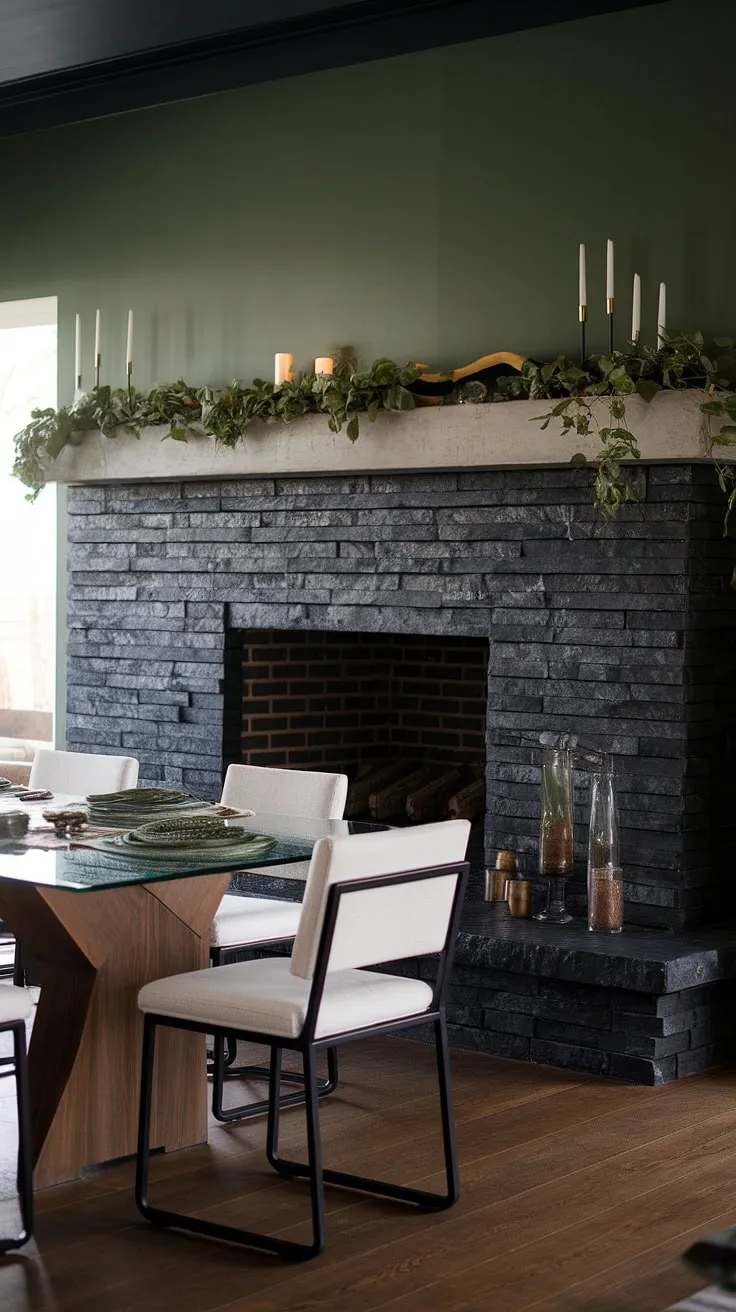 This modern fireplace dining room boasts a striking black stack stone fireplace, its concrete mantle adorned with unique mantle decor featuring lush green plants and flickering candles. The green wall above complements the dark color fireplace, creating a sophisticated ambiance. The black brick fireplace adds texture, while the glass-topped dining table and white upholstered chairs offer a touch of lightness against the dark color scheme. This space showcases inspiring living room fireplace ideas, and while not explicitly a cottage electric fireplace, the design offers a cozy and stylish alternative.
