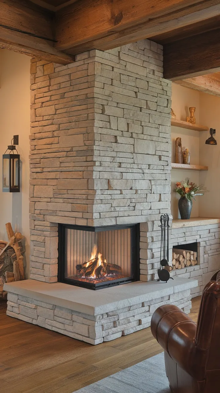 The warmth of a wood burning fireplace meets modern mountain living in this stunning space.  This three-sided fireplace, a show-stopping fireplace feature wall, offers a unique modern fireplace design and serves as the heart of the home.  The stone fireplace facade is both rustic and refined, providing endless three-sided fireplace ideas.  Note the absence of a TV above – a testament to prioritizing ambiance over screens.  Perfect inspiration for fireplace revamp ideas, and consider the possibilities of a bedroom fireplace or even a bathroom fireplace for ultimate luxury.