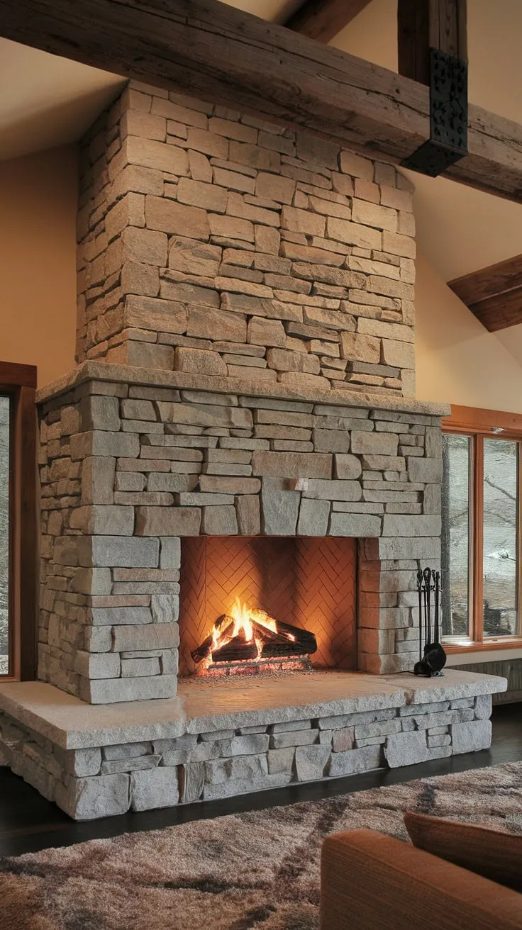 The warmth of a wood burning fireplace meets modern mountain living in this stunning home.  This three-sided fireplace, a masterpiece of stone fireplace design, creates a captivating fireplace feature wall ideas.  The fireplace facade is simply breathtaking, and the modern fireplace design is perfectly complemented by the exposed wooden beams.  This fireplace without tv above is a testament to prioritizing relaxation and connection.  Consider this inspiration for your own fireplace revamp ideas, whether you're dreaming of a living room, bedroom fireplace, or even a luxurious bathroom fireplace.  This is the epitome of three sided fireplace ideas.