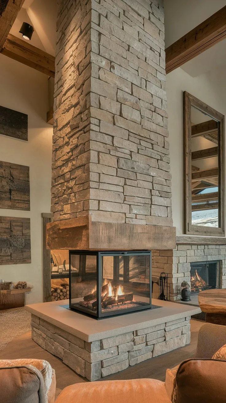 This modern mountain home's breathtaking three-sided fireplace, a stunning example of modern fireplace design, is the heart of the living space.  The stone fireplace facade anchors the room, showcasing the warmth of a wood burning fireplace without a TV above.  This fireplace feature wall offers endless fireplace revamp ideas, and inspires possibilities for a bedroom fireplace or even a bathroom fireplace, proving that a three-sided fireplace is a truly versatile fireplace feature.