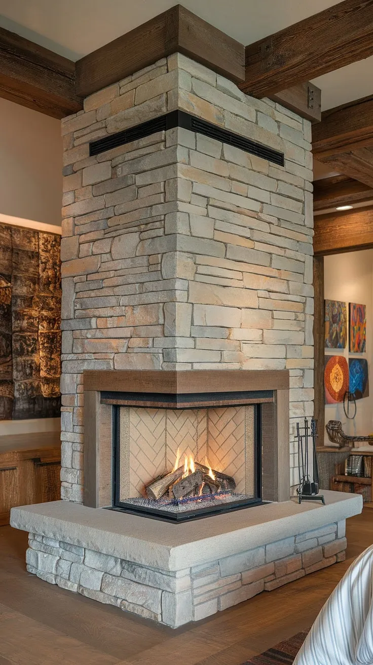 This modern mountain home's bedroom boasts a stunning three-sided fireplace, a show-stopping fireplace feature wall idea. The stone fireplace, a beautiful example of modern fireplace design, offers a cozy wood burning fireplace experience without the need for a TV above.  This fireplace facade is a dream, showcasing innovative three-sided fireplace ideas and perfect for fireplace revamp ideas.  Imagine relaxing by this warmth, a true testament to modern mountain home fireplace design.  While this is a bedroom fireplace, the design is equally inspiring for bathroom fireplace concepts.
