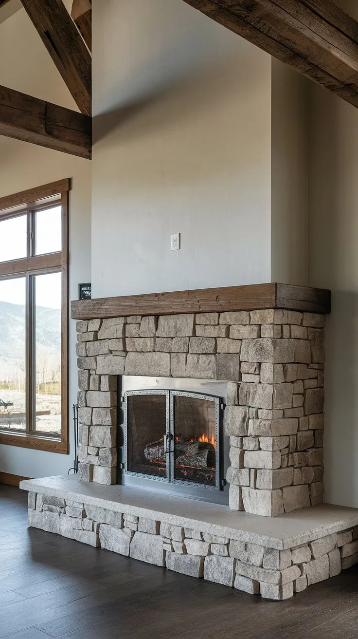 Imagine waking up to the warmth of this wood-burning fireplace.  This modern mountain home fireplace, a showstopper of three-sided fireplace ideas, boasts a striking stone fireplace and a minimalist fireplace facade.  The design offers inspiration for fireplace feature wall ideas, proving that a modern fireplace design can be equally at home in a bedroom fireplace or even a bathroom fireplace.  Note the clever placement—no TV above, a refreshing take on fireplace revamp ideas.