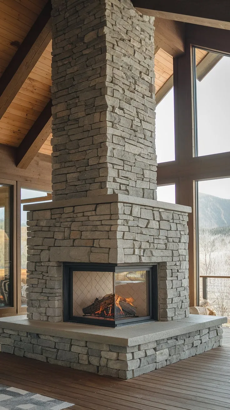 Imagine waking up to the warmth of this wood burning fireplace. This modern mountain home fireplace, a showstopper of three sided fireplace ideas, boasts a striking stone fireplace and a thoughtful modern fireplace design. The fireplace facade is a masterpiece, perfectly complementing the rustic yet modern aesthetic.  No TV needed above this stunning fireplace feature wall; the expansive windows offer unparalleled mountain views.  Consider this inspiration for your next fireplace revamp ideas, whether you're dreaming of a bedroom fireplace or a unique bathroom fireplace.