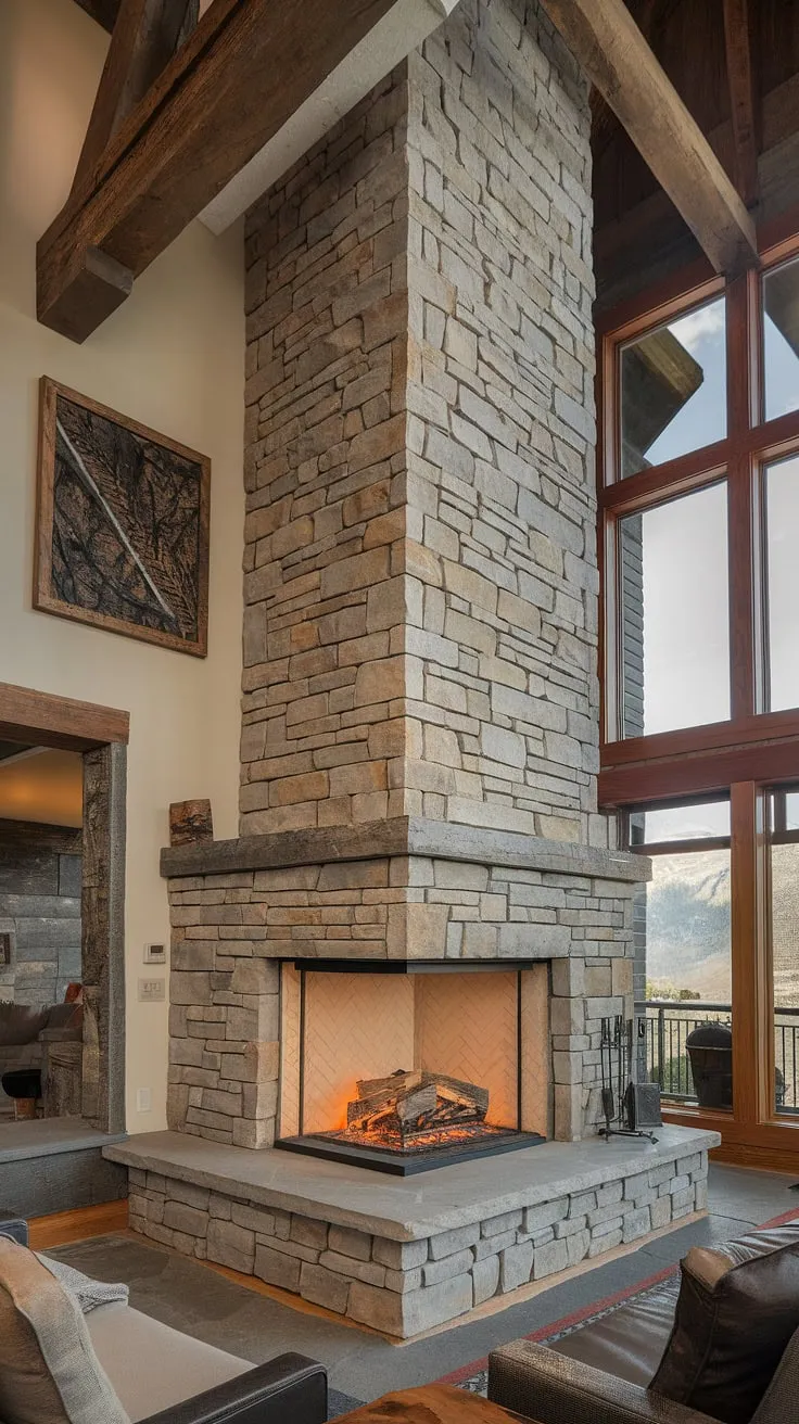 This modern mountain home's breathtaking three-sided stone fireplace, a stunning example of modern fireplace design, is the heart of the living room.  The wood burning fireplace's impressive facade is a focal point, offering fireplace feature wall ideas that are both functional and aesthetically pleasing.  Large windows showcase the majestic mountain views, while rustic artwork complements the stone fireplace, making it a perfect example of fireplace revamp ideas.  Note the absence of a TV above—a conscious choice highlighting the fireplace without tv above concept. While this particular fireplace is in the living room, the design inspires possibilities for a bedroom fireplace or even a bathroom fireplace, showcasing the versatility of three-sided fireplace ideas.