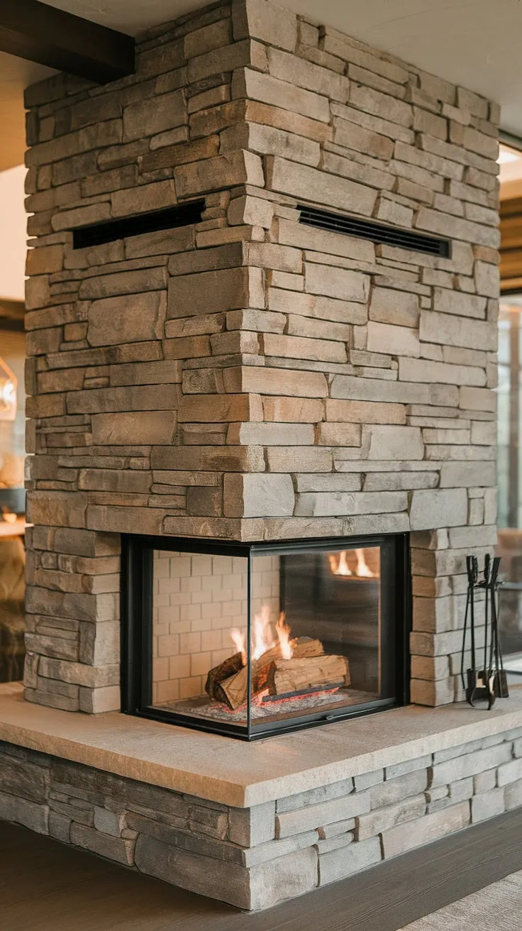Imagine waking up to the warmth of this wood burning fireplace in your bedroom, or relaxing in a luxurious bathroom with a similar stone fireplace. This modern mountain home fireplace, a three-sided fireplace ideas masterpiece, boasts a striking fireplace facade and is a testament to innovative modern fireplace design.  The fireplace feature wall ideas are simply stunning, and the fireplace without tv above allows the stone fireplace to take center stage.