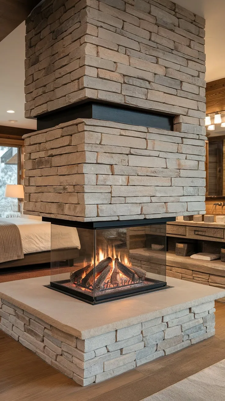 This modern mountain home boasts a stunning three-sided fireplace, a true showstopper.  The stone fireplace, a breathtaking fireplace feature wall, seamlessly connects the living room, bedroom, and bathroom, offering warmth and ambiance to each space.  This wood burning fireplace, a perfect example of modern fireplace design, is the heart of the home, showcasing innovative fireplace facade ideas and providing a fireplace without tv above, allowing the natural beauty of the stone to take center stage.  Consider this fireplace revamp ideas inspiration for your own mountain retreat.