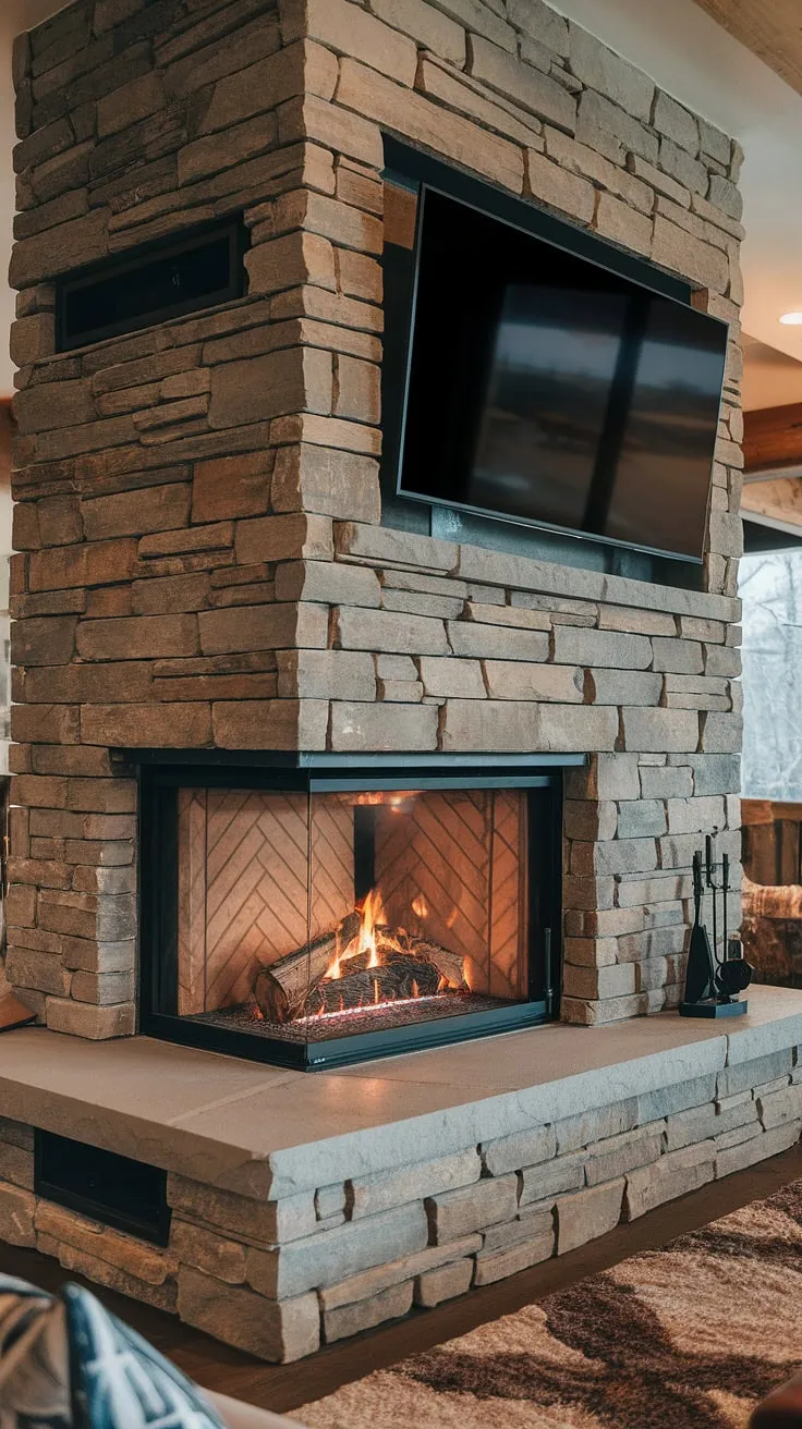 This modern mountain home's breathtaking three-sided fireplace, a stunning example of modern fireplace design, is the heart of the living room.  The stone fireplace facade is a showstopper, offering fireplace feature wall ideas that are both functional and aesthetically pleasing.  While this wood burning fireplace is currently showcased beautifully,  fireplace revamp ideas could include exploring a fireplace without tv above for a cleaner look.  Imagine the cozy ambiance extended to a bedroom fireplace or even a luxurious bathroom fireplace—the possibilities are endless.
