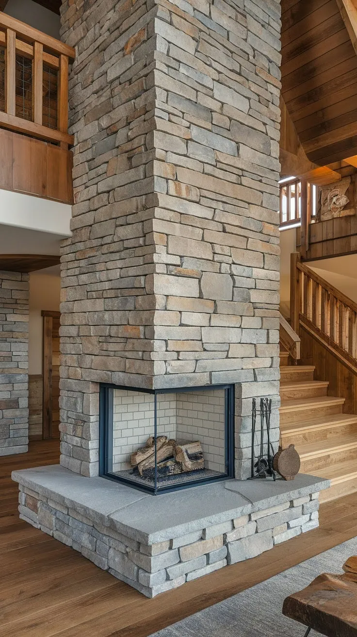 This modern mountain home's breathtaking three-sided fireplace, a stunning example of modern fireplace design, is the heart of the living room.  The stone fireplace, a show-stopping fireplace facade, creates a rustic charm against the warm wood.  This fireplace feature wall ideas showcases a wood burning fireplace, perfect for cozy nights.  Note the absence of a TV above—a testament to prioritizing ambiance.  Imagine waking to this view from a bedroom fireplace or relaxing by it after a soak in a bathroom fireplace.  This fireplace revamp ideas inspiration is truly exceptional.
