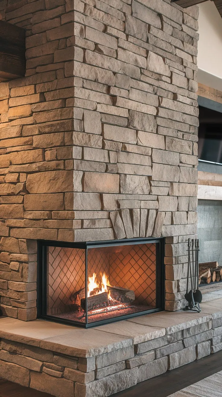 This modern mountain home's stunning three-sided fireplace, a masterpiece of stone fireplace design, is the heart of the home.  The fireplace facade is a showstopper, offering warmth and ambiance to both the bedroom and adjacent bathroom, showcasing innovative fireplace feature wall ideas.  This wood burning fireplace, a perfect example of modern fireplace design, proves that a fireplace without TV above can be incredibly stylish.  Consider this for your own fireplace revamp ideas.