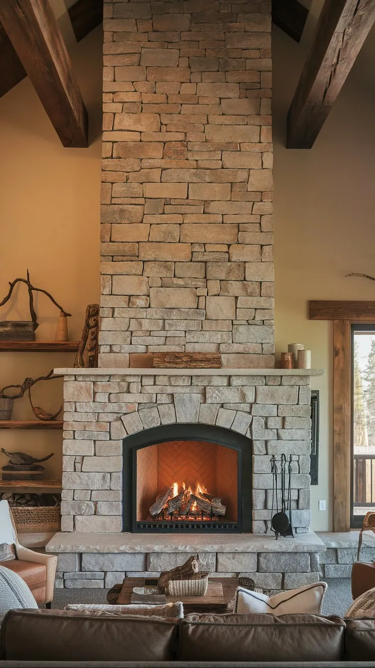 This modern mountain home's breathtaking three-sided fireplace, a stunning example of modern fireplace design, is the heart of the living space.  The stone fireplace facade anchors the room, showcasing the warmth of a wood burning fireplace without a TV above.  This fireplace feature wall offers endless fireplace revamp ideas, proving that a fireplace isn't limited to the living room—imagine a cozy bedroom fireplace or even a luxurious bathroom fireplace!  Consider this inspiration for your own three-sided fireplace ideas.