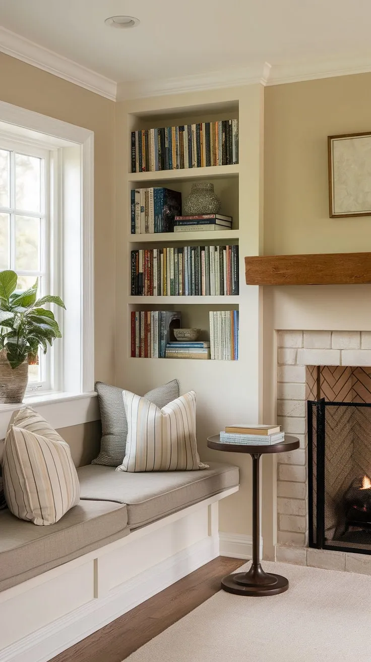This living room nook, built in around fireplace, is the ultimate sitting nook. Built in bench seating and shelves living room provide ample space for books and relaxation in this charming fireplace reading nook.