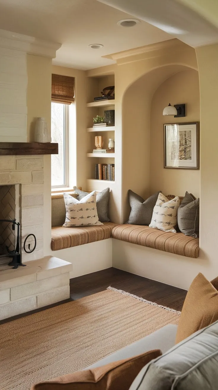 Bathed in warm light, this cozy living room features a fireplace reading nook, perfect for curling up with a good book. The alcove seating, complete with built-in bench seating around the fireplace, creates an intimate and inviting sitting nook. Built-in shelves living room, part of the living room built-ins, offer ample space for books and décor, enhancing the functionality and charm of this thoughtfully designed living room nook. The built-in shelves living room add to the overall warmth and sophistication.