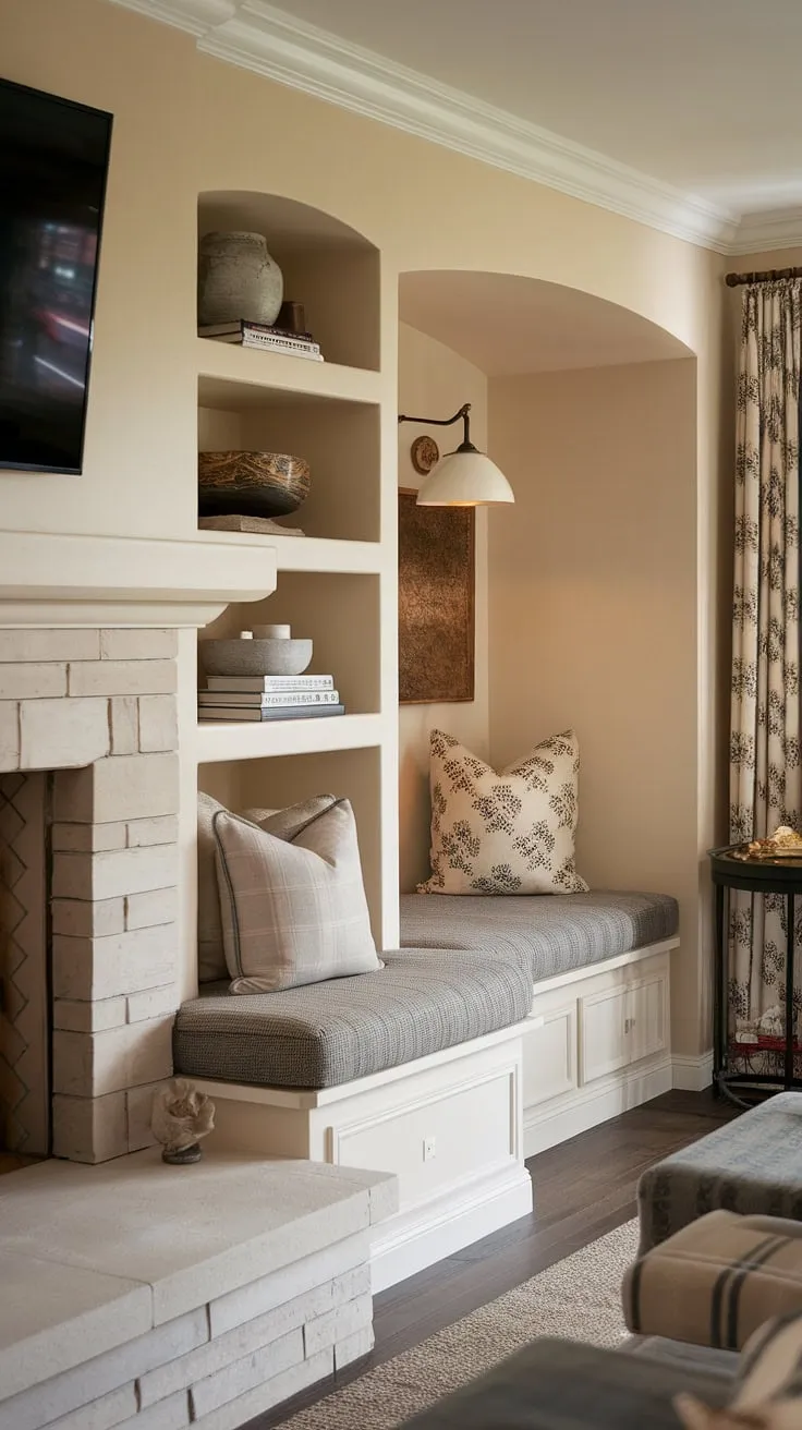 This living room's design perfectly blends comfort and style. The built in around fireplace, complete with built in bench seating, creates a stunning focal point. Above, built in shelves living room offer practical storage. A delightful living room nook, featuring a cushioned chair and small table, forms a cozy fireplace reading nook, ideal for quiet evenings. The alcove seating and sitting nook add to the overall inviting ambiance of this home.