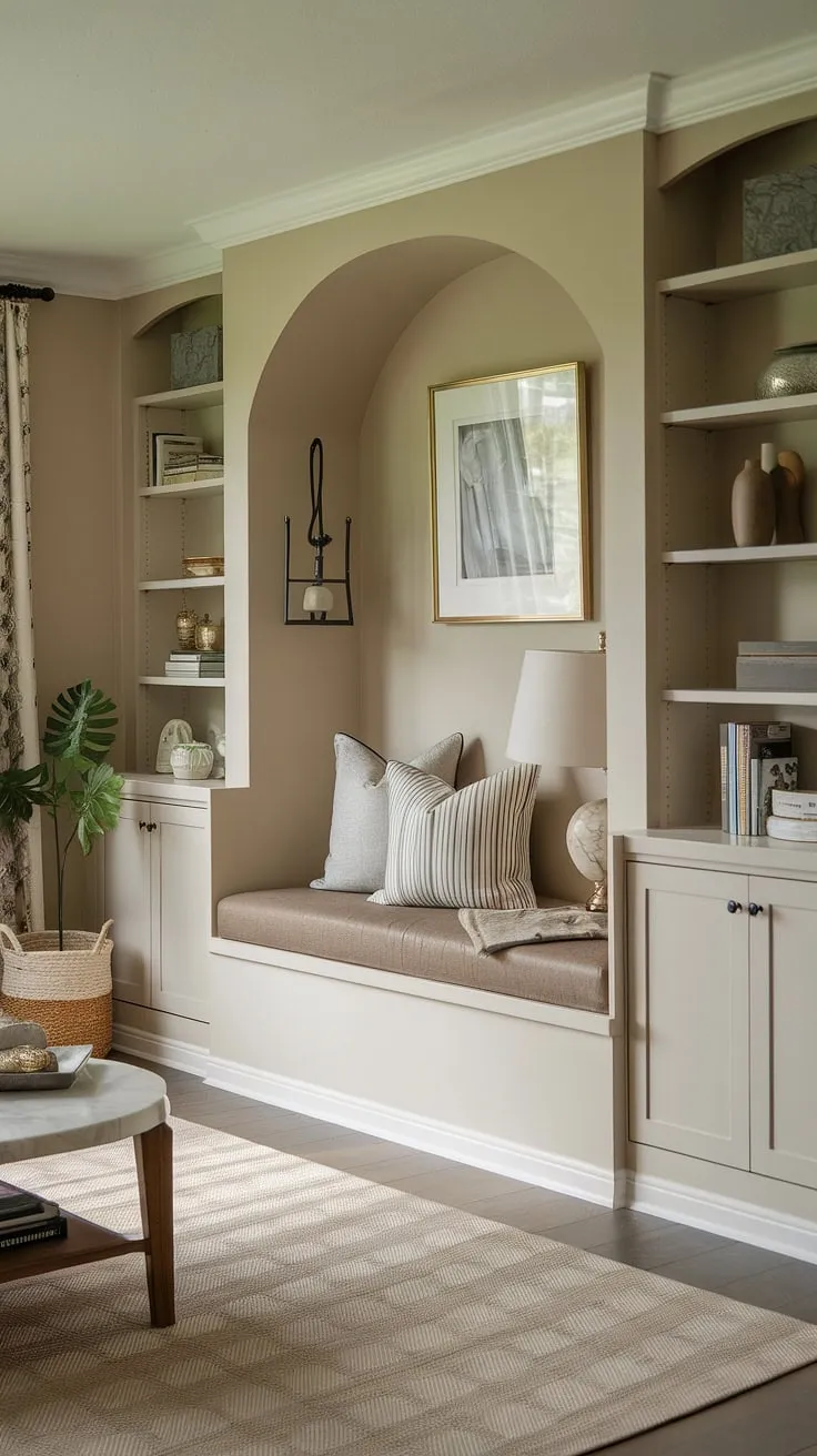 Escape to your own private sanctuary with this living room built ins design. The built in bench seating around the fireplace offers a comfortable fireplace reading nook, complete with built in shelves living room for your favorite books. This alcove seating and shelves living room combination is the perfect sitting nook.