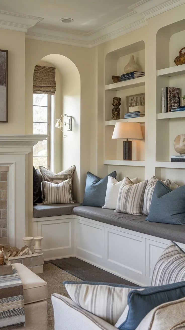 Curl up with a good book in this inviting living room nook, featuring a stunning fireplace reading nook, built in around fireplace, alcove seating, and built in bench seating. The shelves living room and built in shelves living room offer ample space for your favorite treasures.
