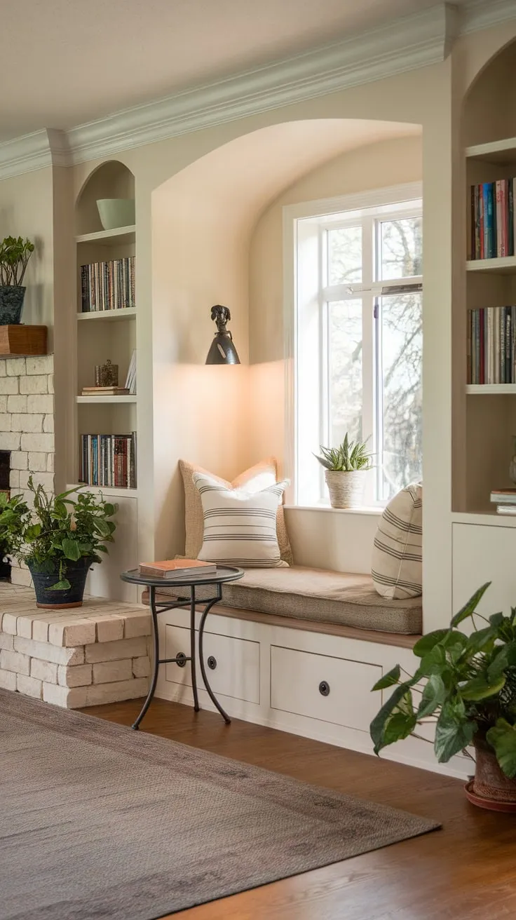 This cozy living room features a stunning fireplace reading nook, complete with alcove seating and a built-in bench seating area. The built-in around fireplace design maximizes space, creating the perfect sitting nook. Built-in shelves living room flank the other side, showcasing potted plants and offering ample storage. The living room built ins and shelves living room add both style and functionality to this inviting space.