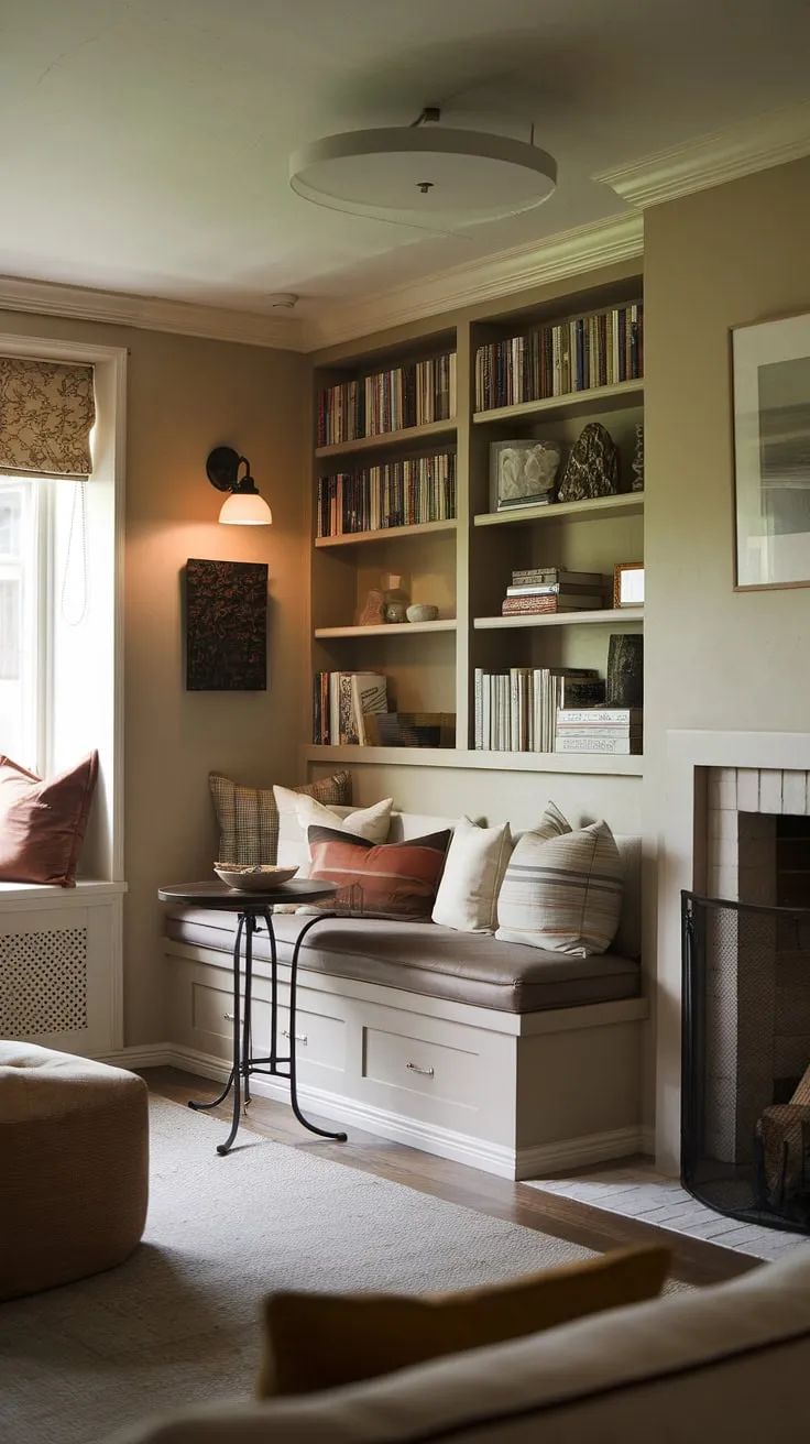 Escape to this cozy fireplace reading nook, complete with alcove seating and built-in bench seating. The built-in shelves living room offer ample space for your favorite reads, creating the perfect living room nook for quiet evenings.