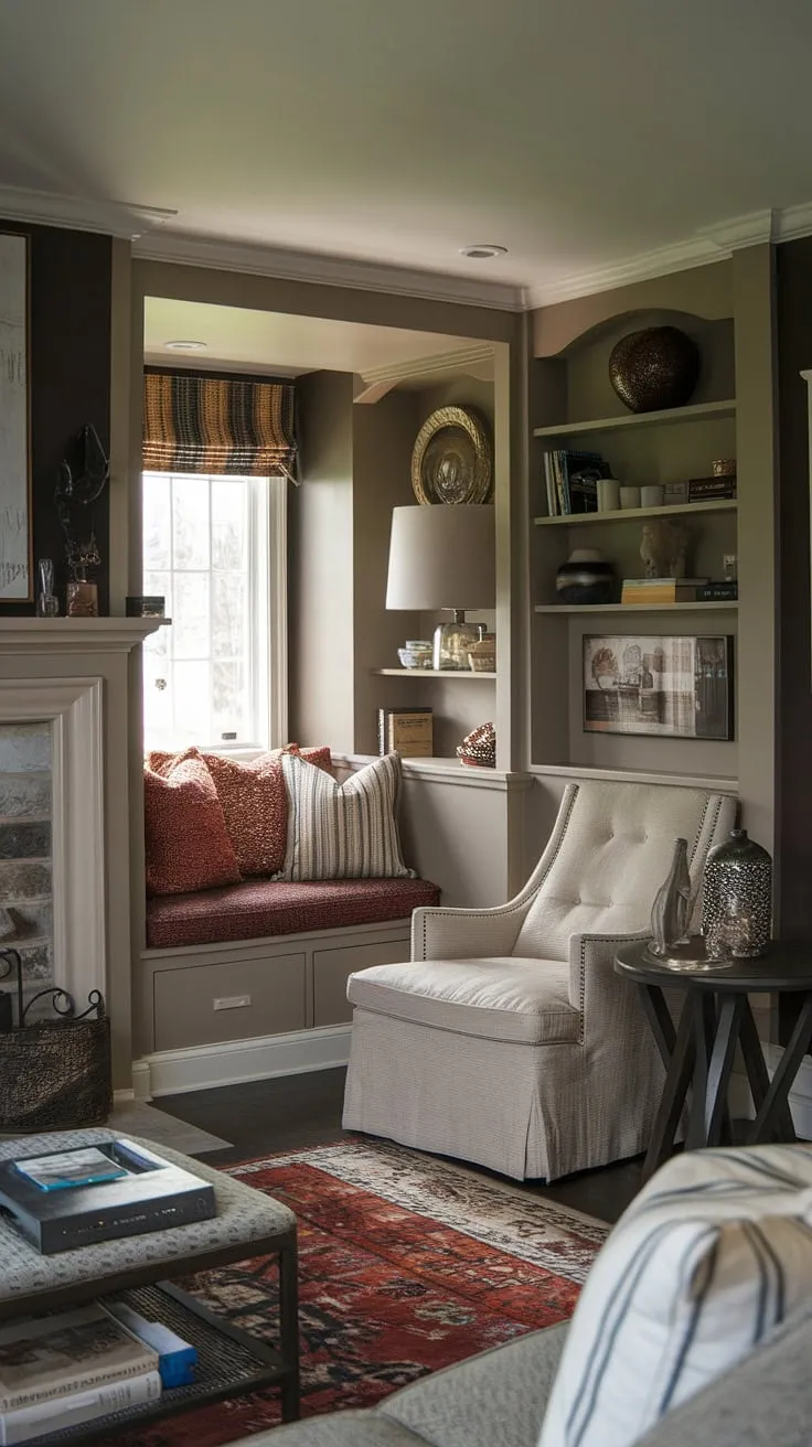 This inviting sitting nook is the heart of the home. The built in around fireplace alcove seating, featuring built in bench seating and ample built in shelves living room, provides a comfortable and stylish space to relax. Perfect for curling up with a good book, this fireplace reading nook showcases the elegance of living room built ins and the practicality of shelves living room.