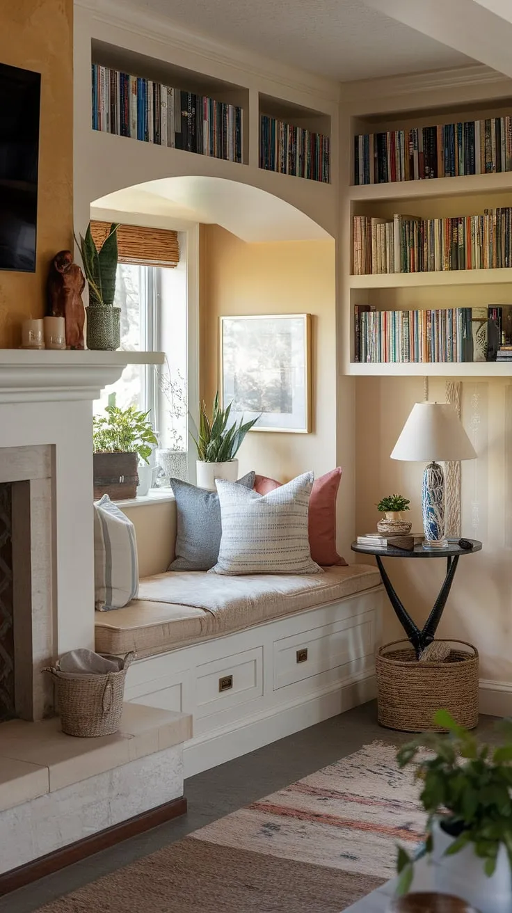Escape to your own private sanctuary: a fireplace reading nook with alcove seating and built in bench seating. Built-in shelves living room offer ample space for your favorite books, completing this charming living room nook. The shelves living room and built in around fireplace design make this sitting nook truly special.