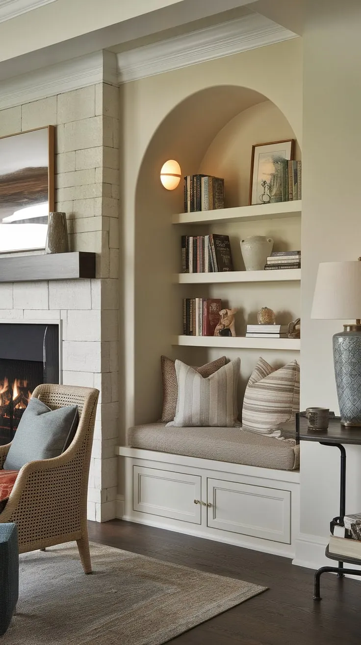 Bathed in the warm glow of the fireplace, this living room boasts a cozy reading nook perfectly situated beside a charming alcove seating area. The built-in bench seating and built-in shelves living room offer ample storage and create a seamless, built-in around fireplace design. The living room built ins, including the shelves living room, add to the room's sophisticated and functional aesthetic. This sitting nook is the perfect spot to curl up with a good book.