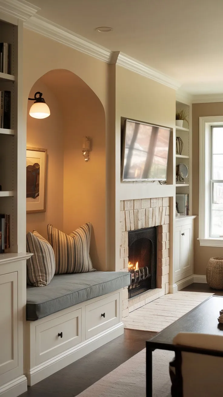 Cozy nights and captivating reads await in this fireplace reading nook, complete with alcove seating and built-in bench seating. The built-in shelves living room and built-in around fireplace create the perfect living room nook, a true sitting nook for relaxation.